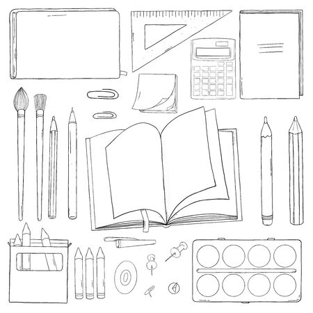 Set of school stationery. Monochrome vector illustration in sketch style. Hand-drawn. Black outline on white background.のイラスト素材
