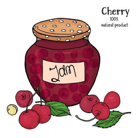 A jar of cherry jam and fresh ripe cherries. Colorful vector illustration in sketch style.のイラスト素材