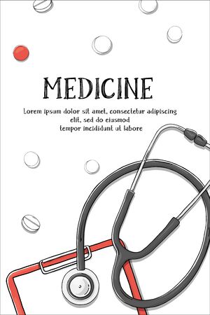 Poster on the medical theme. Stethoscope and tablet. Colorful vector illustration in sketch style. For advertising, leaflets, brochures, website.のイラスト素材