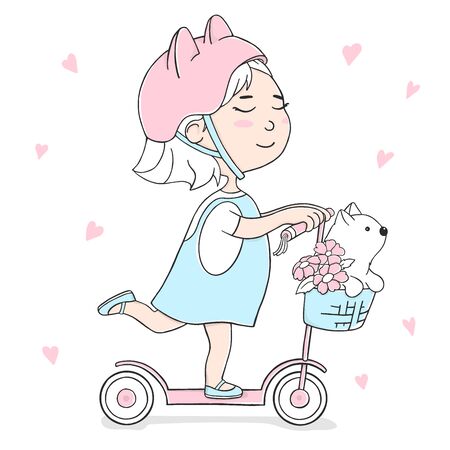 Cute girl on a scooter and with a cat in the basket. Colorful vector illustration on white background in sketch style.のイラスト素材
