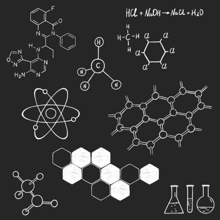 Set on science and chemistry. Structure of the DNA molecule, atoms, molecular structure. White outline on a dark background. Vector illustration in sketch style. Hand-drawn.のイラスト素材