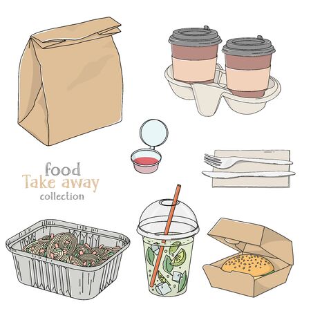 Set with food and drinks in a disposable package. Paper bag, coffee, lemonade, sandwich and Cutlery on a white background. Take-away food. Fast food delivery.のイラスト素材