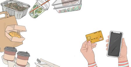 Person orders food online by phone and pays with a Bank card. Paper bags, drinks, hot food and sandwiches in disposable packaging on a white background. Food delivery. Space for your text. Template.のイラスト素材