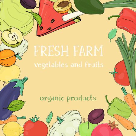Creative frame with ripe farm vegetables and fruits. Space for your text. Colorful vector illustrations. Hand-drawn. Template. Mock up.のイラスト素材