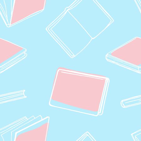 Seamless pattern with books. White outline on a blue background. Vector illustration in sketch...