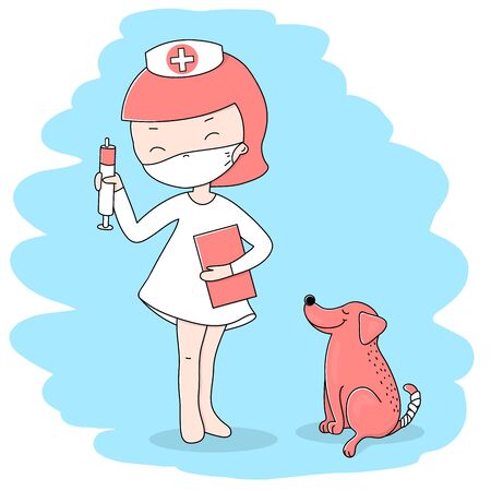 Cute little girl in a doctor's suit and mask plays doctor and treats her dog. Colorful vector illustrations.のイラスト素材