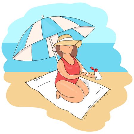 Woman in a hat and under a beach umbrella smears sunscreen on her body. Summer vacation on the beach. Colorful vector illustrations.のイラスト素材