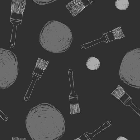 Seamless pattern with brushes. Black and white vector illustration. White outline on a black background. Hand-drawn.のイラスト素材