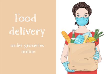 Advertising poster with a woman in a mask and gloves carrying a paper bag from a supermarket. Grocery, fruit, vegetables and a place for your text.のイラスト素材