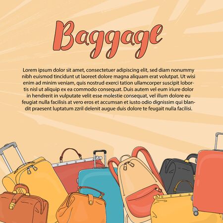 Poster with baggage on the theme of travel. Suitcases on wheels, a backpack, travel bags and a place for your text on a beige background. Hand-drawn. Template.のイラスト素材