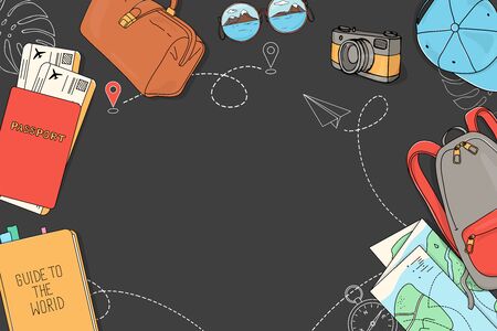Poster on the theme of travel, recreation and adventure. Luggage, documents, map, camera, and space for your text. Travel items on a dark background. Hand-drawn. Horizontally.のイラスト素材