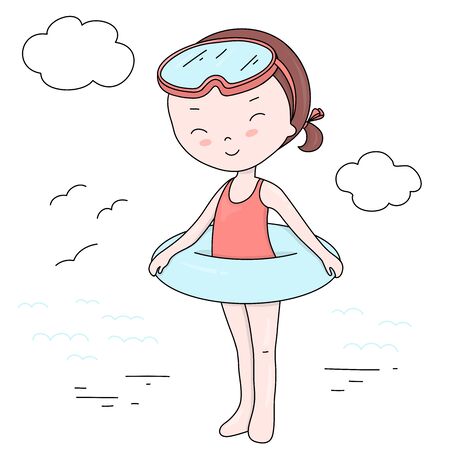 Cute little girl in an underwater mask and with an inflatable circle stands on the beach. Summer vacation on the beach. Colorful vector illustrations on a white background. Hand-drawn.のイラスト素材