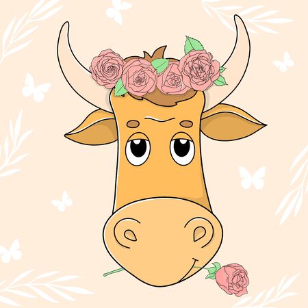 Head of a cute bull with a wreath of roses. Portrait. Colorful vector illustration.のイラスト素材