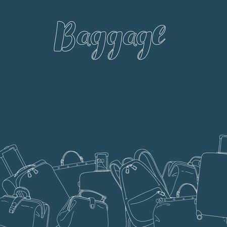 Poster with travel bags, suitcases on wheels, backpack and space for your text. White outline on a blue background. Vector illustration in sketch style. Hand-drawn. Template. Mock up.のイラスト素材