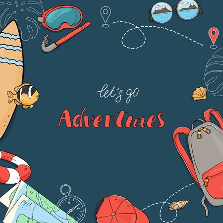 Poster on the theme of travel, recreation and adventure. Items and accessories for outdoor activities. Colorful vector illustrations on a blue background. Hand-drawn.のイラスト素材