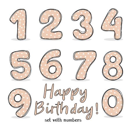 Set with numbers from 0 to 9. a Holiday set for a party, birthday, anniversary and wedding celebration. Vector illustration in sketch style. Hand-drawn.のイラスト素材