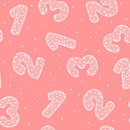 Seamless pattern with cartoon numbers. White outline on a pink background. Vector illustration in sketch style. Hand-drawn.のイラスト素材