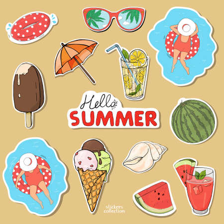 Set of stickers on a summer theme. Hello summer. Colorful vector illustration in sketch style. Hand-drawn.のイラスト素材