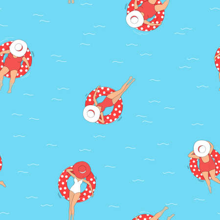 Seamless pattern with women in swimsuits and hats in a pool with an inflatable swimming circle. The view from the top. Summer vacation on the coast. Colorful vector illustration.のイラスト素材
