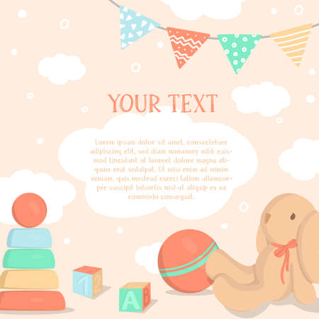 Poster with childrens toys and space for your text. Colorful vector illustrations. Template.のイラスト素材