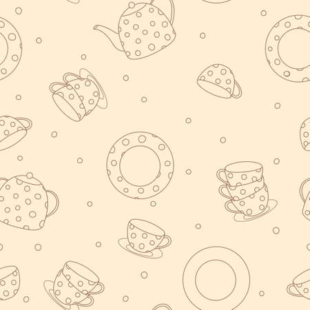 Seamless pattern with tea set. Teapot, cups and saucers with polka dots. Black outline on a beige background. Vector illustration.のイラスト素材