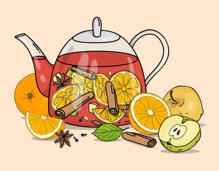 Glass teapot with mulled wine. A warming winter hot alcoholic or non-alcoholic drink with fruit and spices. Colorful vector illustration on a beige background. Hand-drawn.のイラスト素材