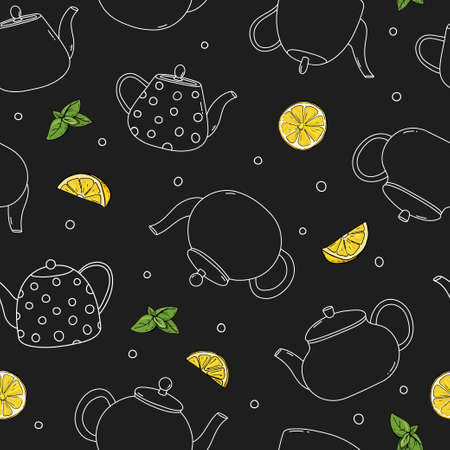 Seamless pattern with teapots and lemons. Different types of teapots and lemon slices. White outline on a black background. Vector illustration.のイラスト素材