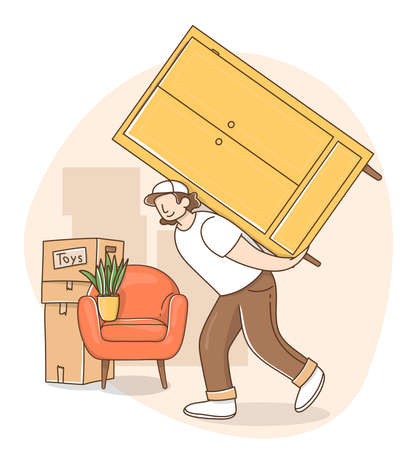 Male loader carries a heavy cabinet during the move to a new house. Vector illustration in doodle style.のイラスト素材