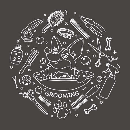 Black and white hand-drawn set on the theme of dog care. A dog in a pelvis and grooming items.のイラスト素材