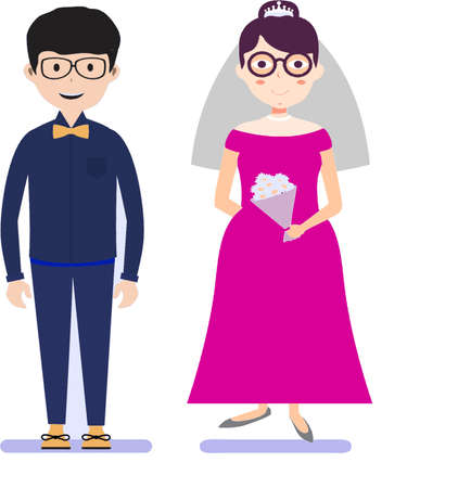 eyeglasses Cartoon Wedding Couple Vector Illustrator, Vector - bride and groom set wedding couples romantic vector illustrationのイラスト素材