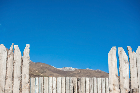 Wood wall and blue skyの写真素材