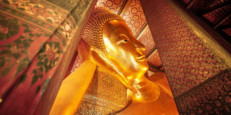 reclining buddha portrait at Wat Pho temple Bangkok Thailandの写真素材