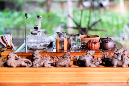 Classical asian tea set at outdoorsの写真素材