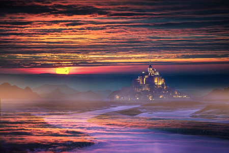 Fantasy landscape with Castle and moutainのeditorial素材