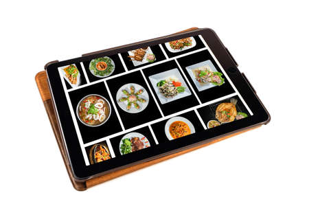 Food pictures on tablet with white background isolationの写真素材