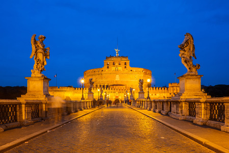 View of the Mausoleum of Hadrian, Saint Angelo castle, Castel Sant'Angelo (Castle of the Holy Angel) from the Ponte Sant'Angelo bridge in Rome, Italy with blue sky light.のeditorial素材