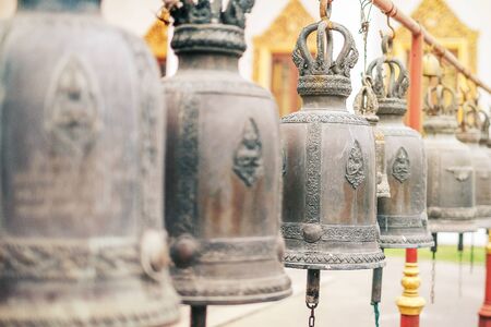 Big brass bell in Thailand templeの写真素材