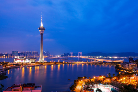 Night view of Macau Tower in Twilight Timeの写真素材