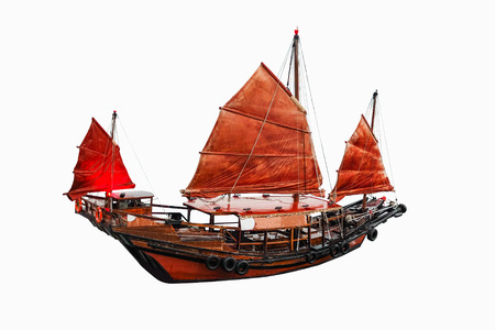 Sailboat red flag in Hong Kong on white background with clipping pathの写真素材