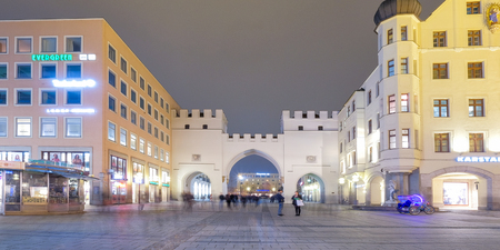Munich, Germany - March 29, 2017: Night street view Munich Old Town Hall near Marienplatz town square at night in Munich, Germany.のeditorial素材
