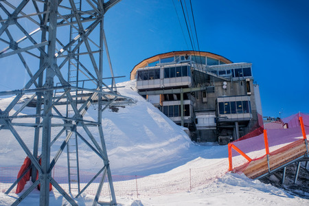 MURREN, SWITZERLAND - MARCH 28, 2017: Exterior of the Piz Gloria revolving restaurant on a daylight circa Murren, Switzerlandのeditorial素材