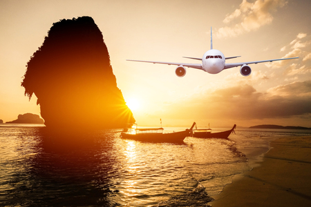 Front of real plane aircraft, on Sunset in Railay beach,Thailand backgroundの写真素材