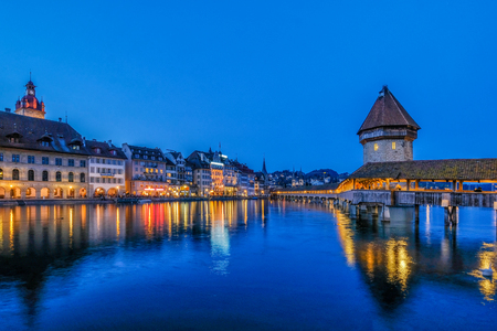 Nigth view of city center of Lucerne with famous Chapel Bridge and lake Lucerne (Vierwaldstatersee), Canton of Lucerne, Switzerlandの写真素材