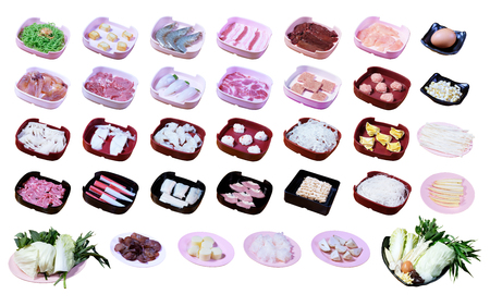 Meat, seafood, noodle and vegetable Hot pot menu on white backgroundの写真素材