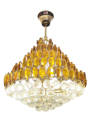 Gold crystal chandelier isolated on white backgroundの写真素材