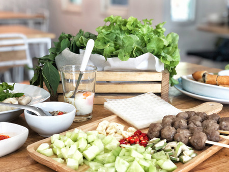 Vietnamese Meatball Wraps (Nam Neung) served with vegetable, Vietnamese foodの写真素材