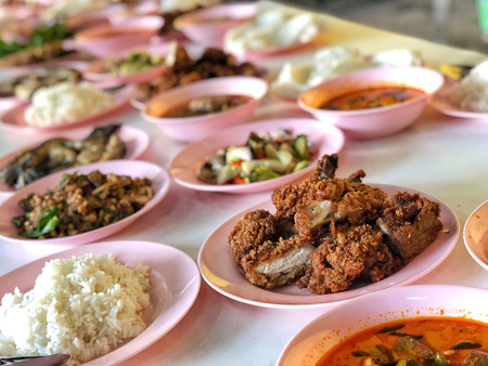 Esan Thai food fried chicken, papaya salad, Spicy minced porkの写真素材