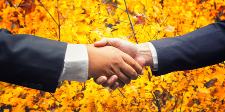 businessmen shaking hands on nature backgroundの写真素材