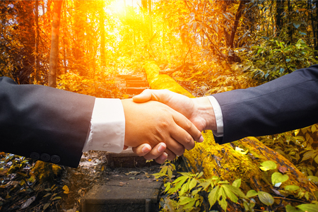 businessmen shaking hands on nature backgroundの写真素材