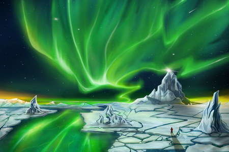 Digital painting alone man and big snow mountian under Northern Lights,illustration の写真素材